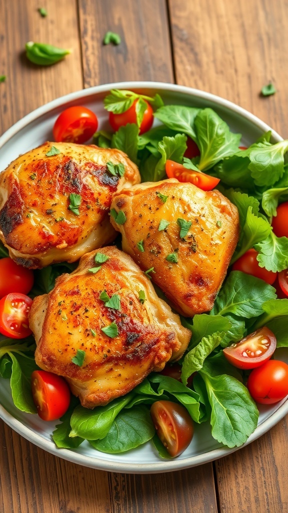 Healthy Keto Air Fryer Chicken Thighs Crispy air fryer chicken thighs served with a fresh salad on a rustic table.